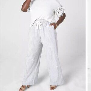 Lane Bryant Ivory Linen Wide Leg Pants - Silver Pinstripes, Size 20 Chic Comfort